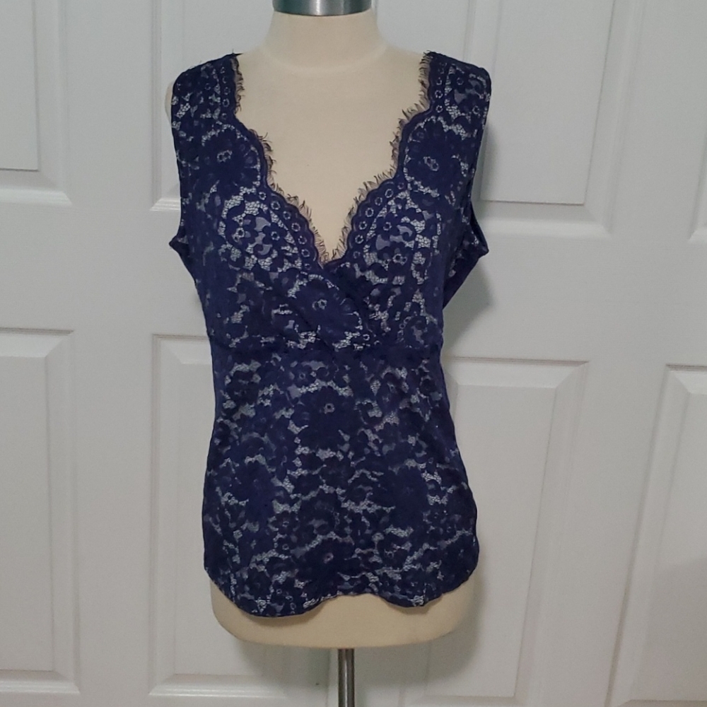 PattyBoutik L Navy Lace Overlay Tank Top